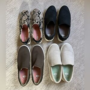 Four pairs of Dr. Scholl’s slip on shoes, size 8.5 medium.